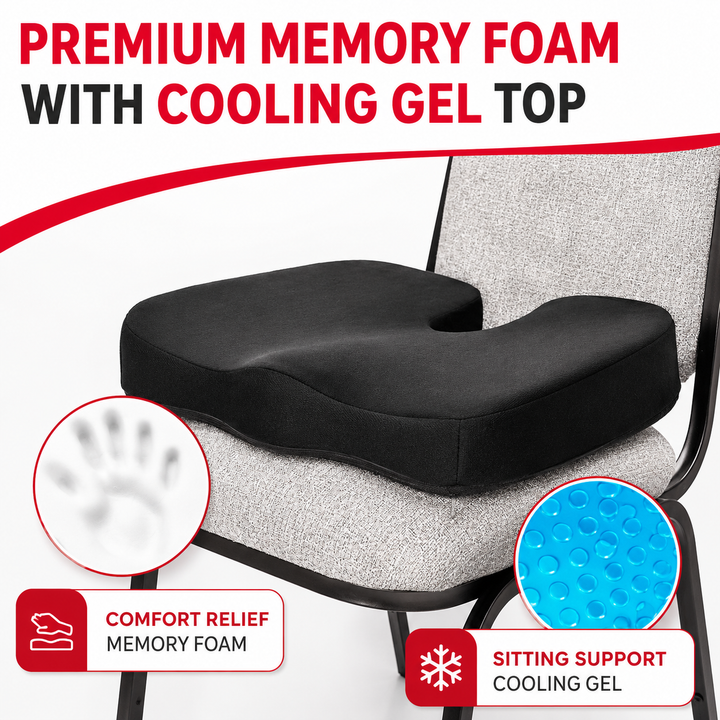 Premium Non-Slip Gel &amp; Memory Foam Cushion Ergonomic Coccyx Support Cushion Office Chair Car Seat Long Sitting Comfort Pressure Relief Seat Pad