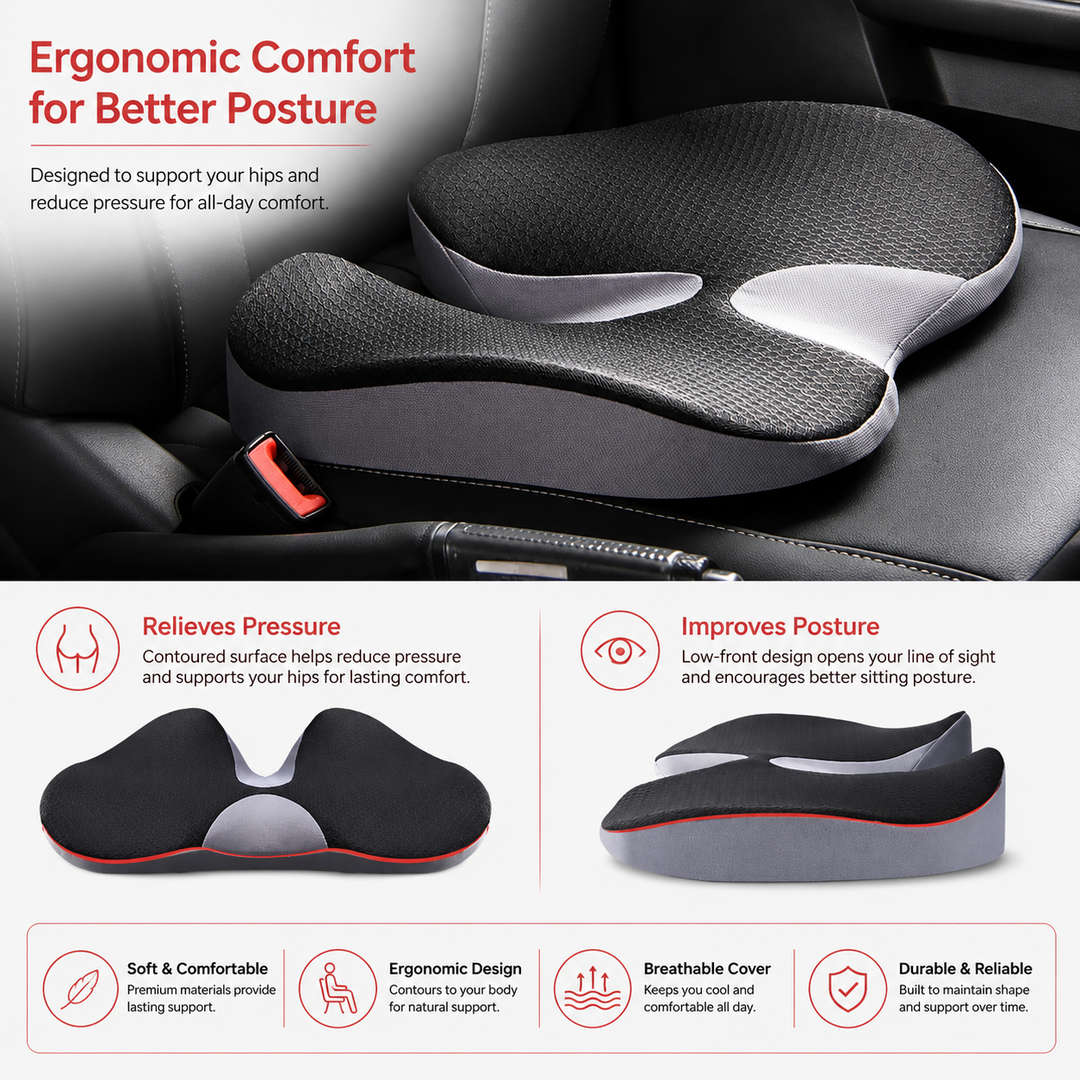 Premium Orthopedic Memory Foam Cushion Non Slip Tailbone Sciatica Seat Cushion Back Support Pressure Relief Chair Car Prostate Comfort Pad