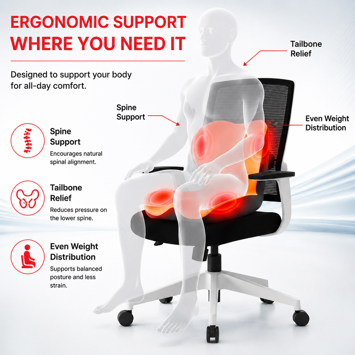 Premium Orthopedic Memory Foam Seat Cushion Coccyx Tailbone Support Ergonomic Office Chair Pressure Relief Posture Support Car Home Travel Washable Cover