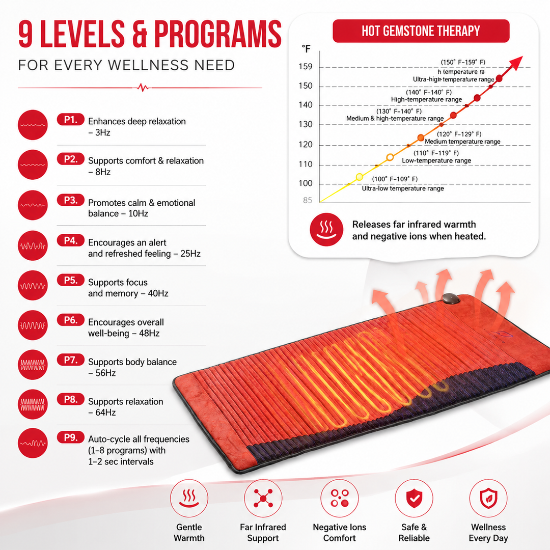 Premium PEMF Infrared Therapy Mat Amethyst Tourmaline Heated Crystal Sauna Cushion Far Infrared PEMF Negative Ion Wellness Mat 20x50 Inch Timer Controlled