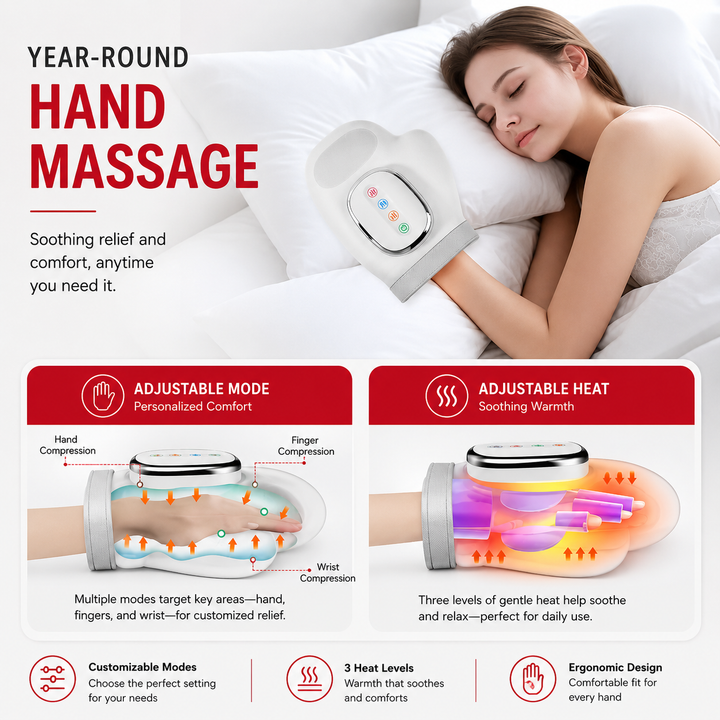 Premium Portable Heated Hand Massager USB Rechargeable Compression Airbag Massage Device Heat Therapy Wrist Finger Relaxation Home Office Use