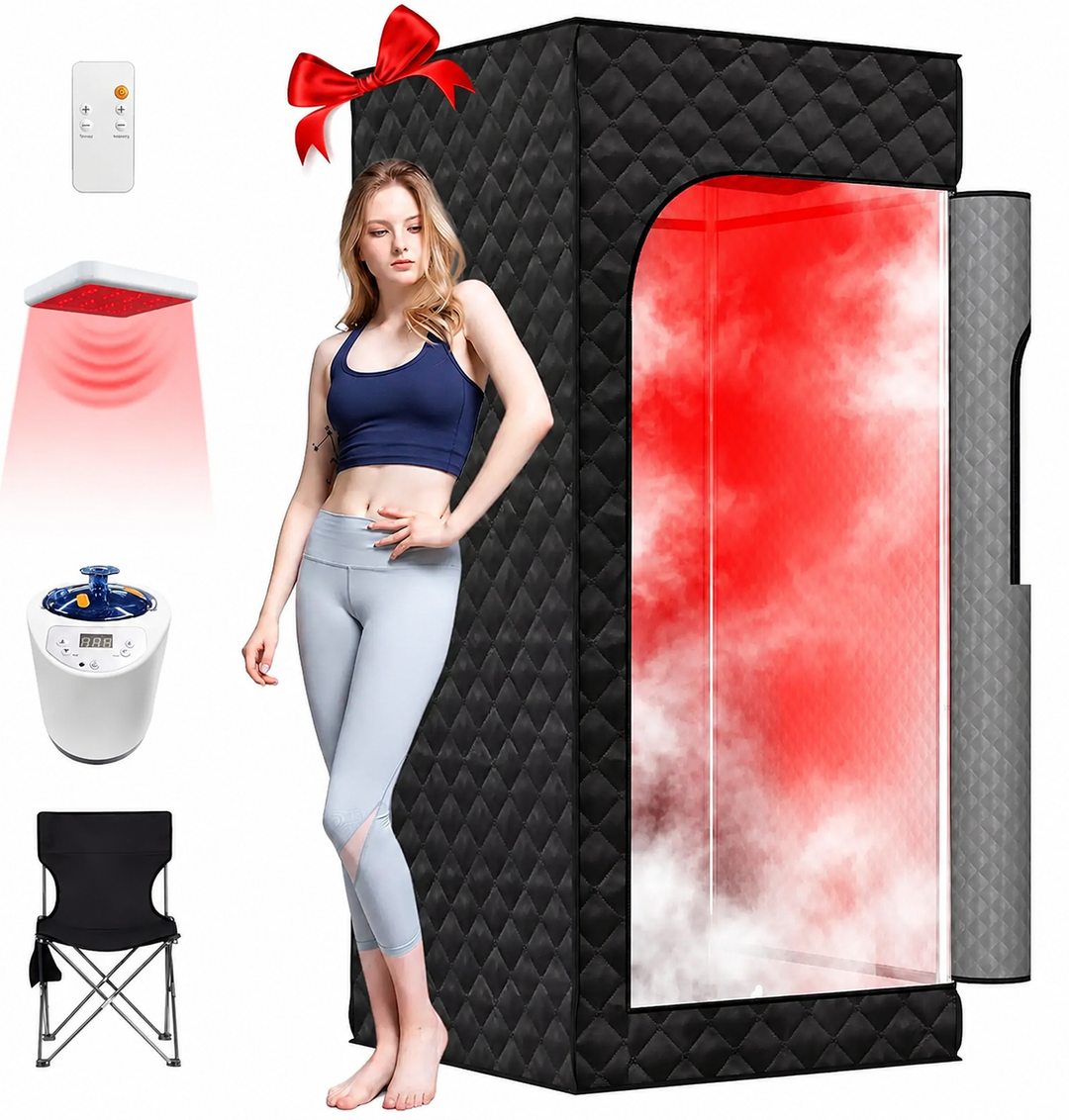 Premium Portable Home Sauna with Red Light Therapy Steam Tent 1200W 15 Level Heating 660nm 850nm Infrared Sauna Timer Remote Foldable Home Spa System
