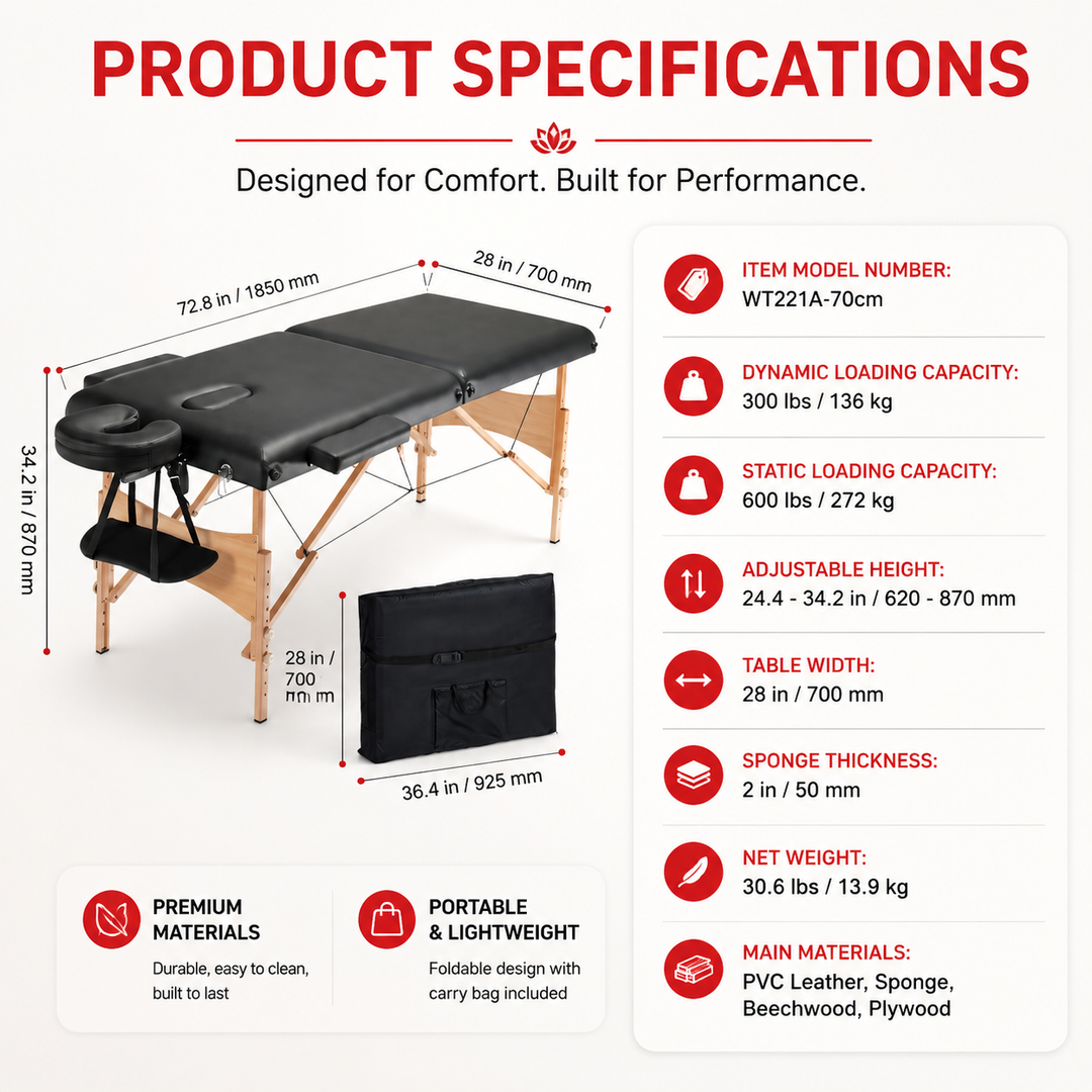 Premium Portable Massage Table 28 Inch Folding Adjustable Salon Tattoo Bed Beechwood Frame 600 lb Capacity Spa Therapy Massage Table with Carry Case