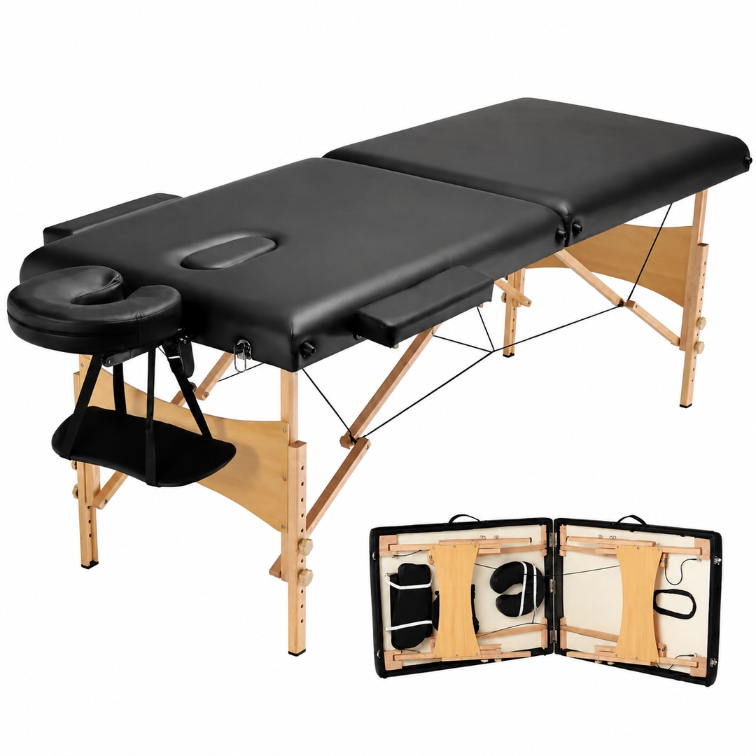 Premium Portable Massage Table 28 Inch Folding Adjustable Salon Tattoo Bed Beechwood Frame 600 lb Capacity Spa Therapy Massage Table with Carry Case