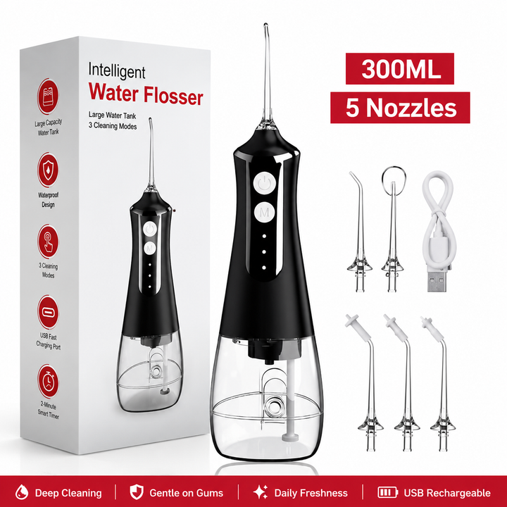 Premium Portable Oral Irrigator 300ML USB Rechargeable Water Flosser 5 Nozzles 3 Modes IPX7 Waterproof Dental Care Teeth Cleaner Oral Hygiene