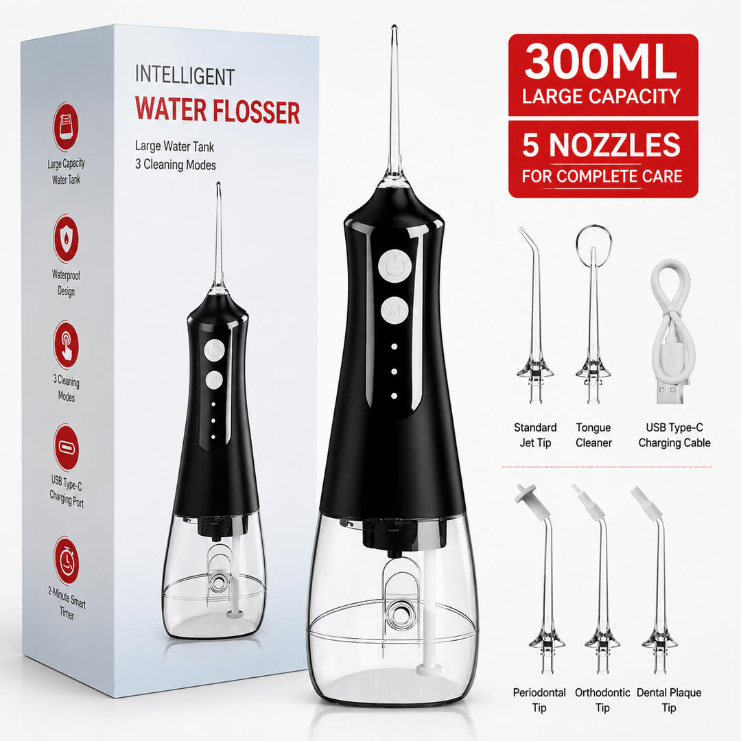 Premium Portable Oral Irrigator 300ML USB Rechargeable Water Flosser 5 Nozzles 3 Modes IPX7 Waterproof Dental Cleaner Teeth Cleaning Portable