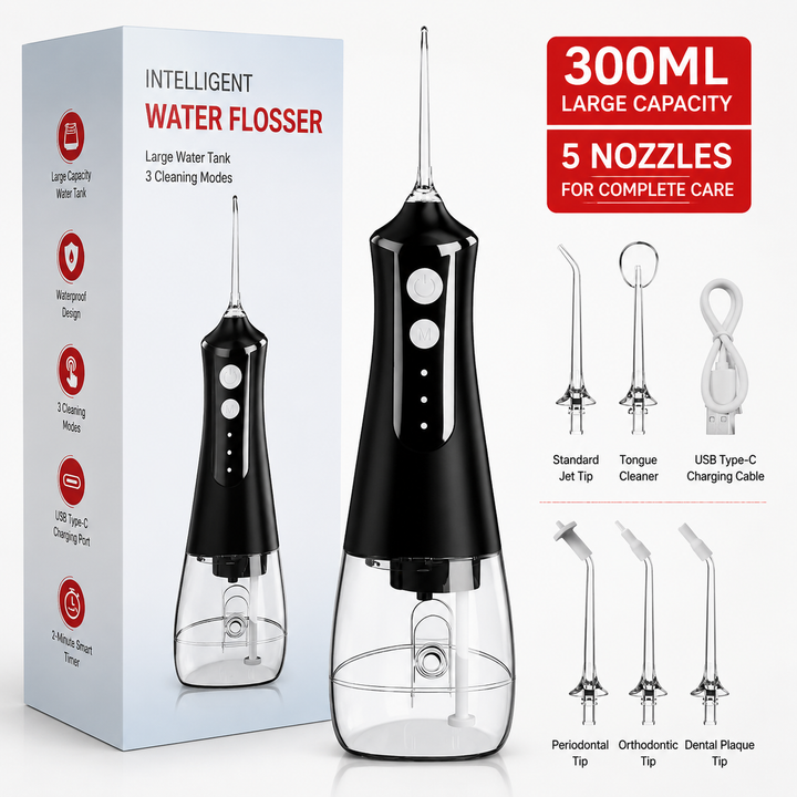 Premium Portable Oral Irrigator 300ML USB Rechargeable Water Flosser 5 Nozzles 3 Modes IPX7 Waterproof Dental Cleaner Teeth Cleaning Portable