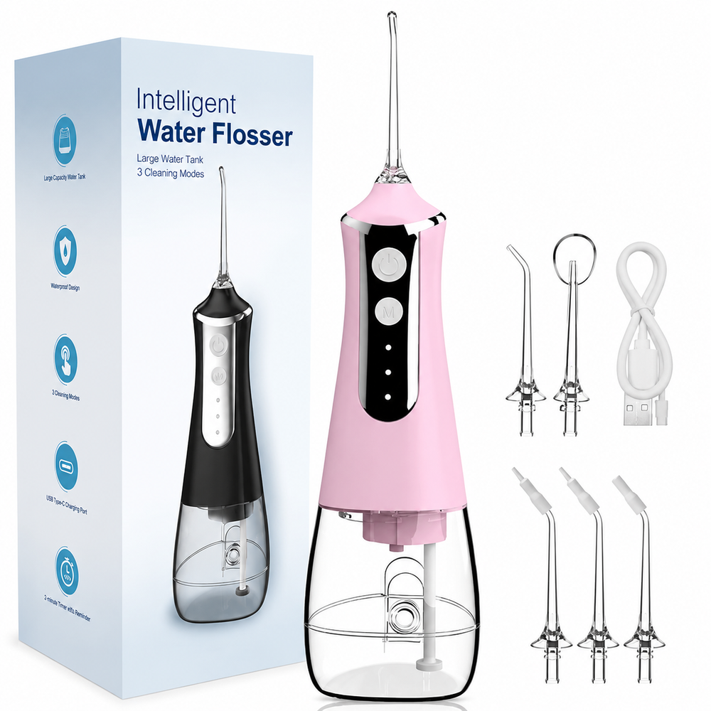 Premium Portable Oral Irrigator 300ML USB Rechargeable Water Flosser 5 Nozzles 3 Modes IPX7 Waterproof Dental Cleaner Teeth Cleaning Portable