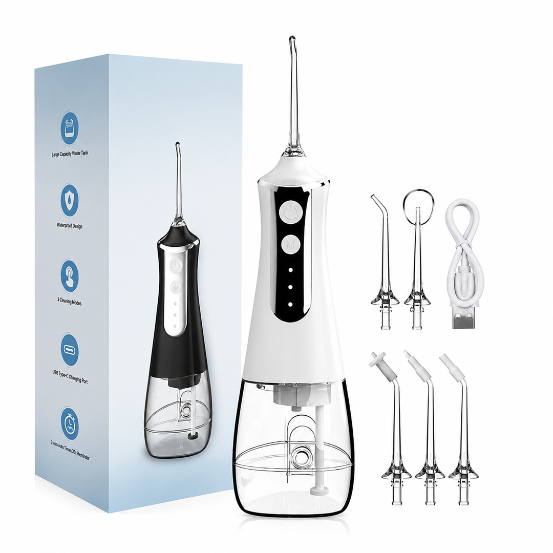 Premium Portable Oral Irrigator 300ML USB Rechargeable Water Flosser 5 Nozzles 3 Modes IPX7 Waterproof Dental Cleaner Teeth Cleaning Portable