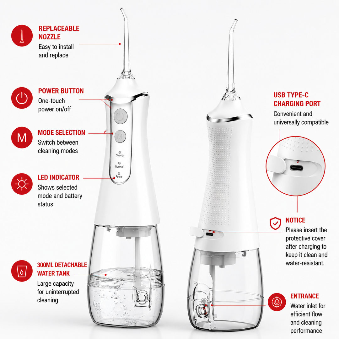 Premium Portable Oral Irrigator 300ML USB Rechargeable Water Flosser 5 Nozzles 3 Modes IPX7 Waterproof Dental Cleaner Teeth Cleaning Portable