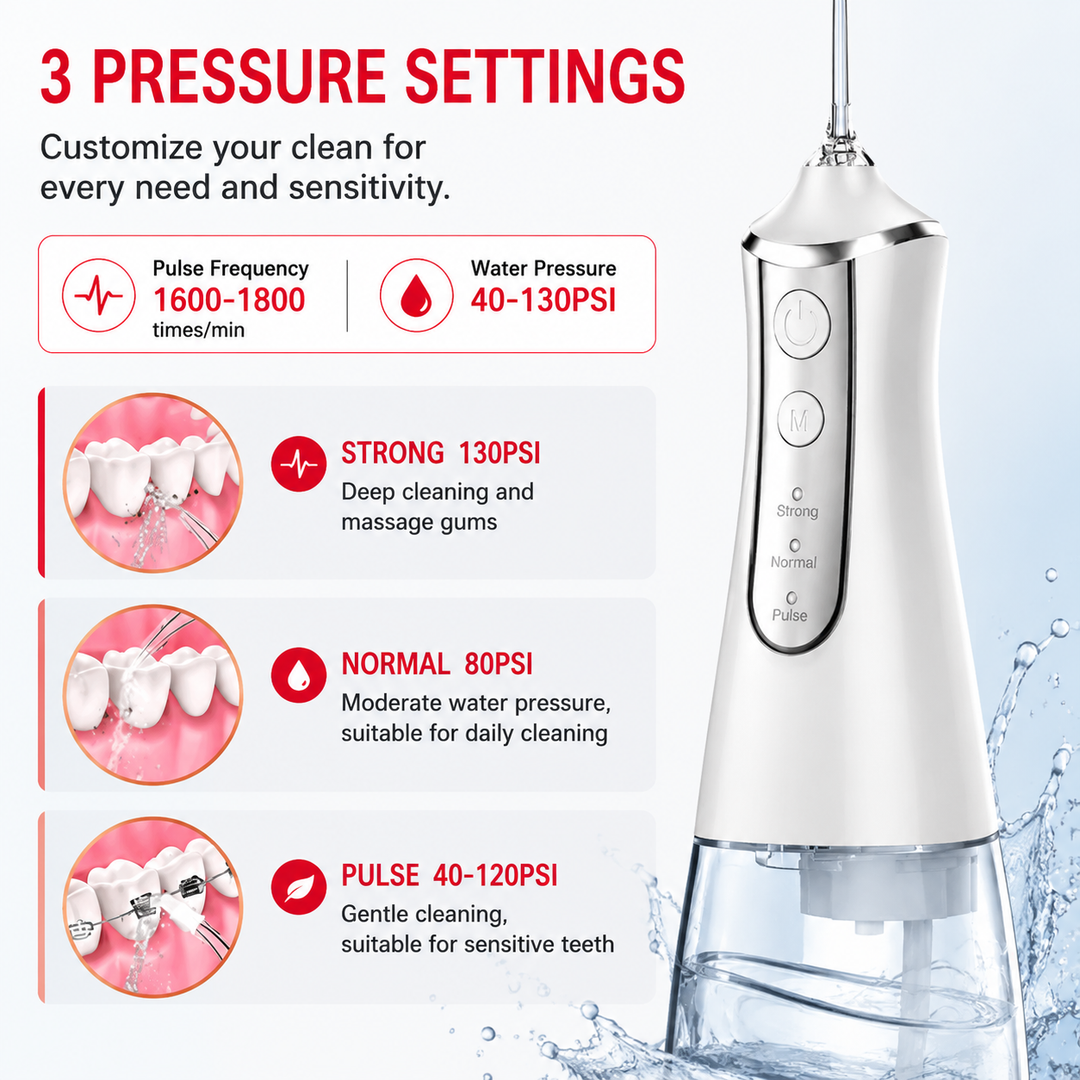Premium Portable Oral Irrigator 300ML USB Rechargeable Water Flosser 5 Nozzles 3 Modes IPX7 Waterproof Dental Cleaner Teeth Cleaning Portable