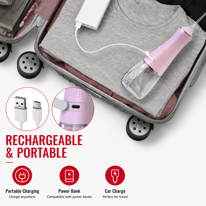 Premium Portable Oral Irrigator 300ML USB Rechargeable Water Flosser 5 Nozzles 3 Modes IPX7 Waterproof Dental Cleaner Teeth Cleaning Portable