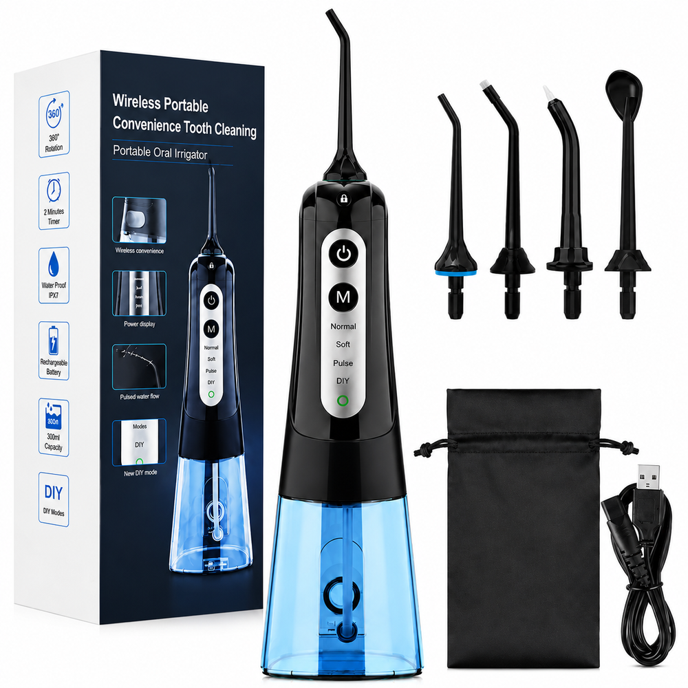 Premium Portable Oral Irrigator Rechargeable Dental Water Flosser 300ml Tank IPX7 Waterproof Multiple Nozzles Cordless Oral Care Cleaning Device