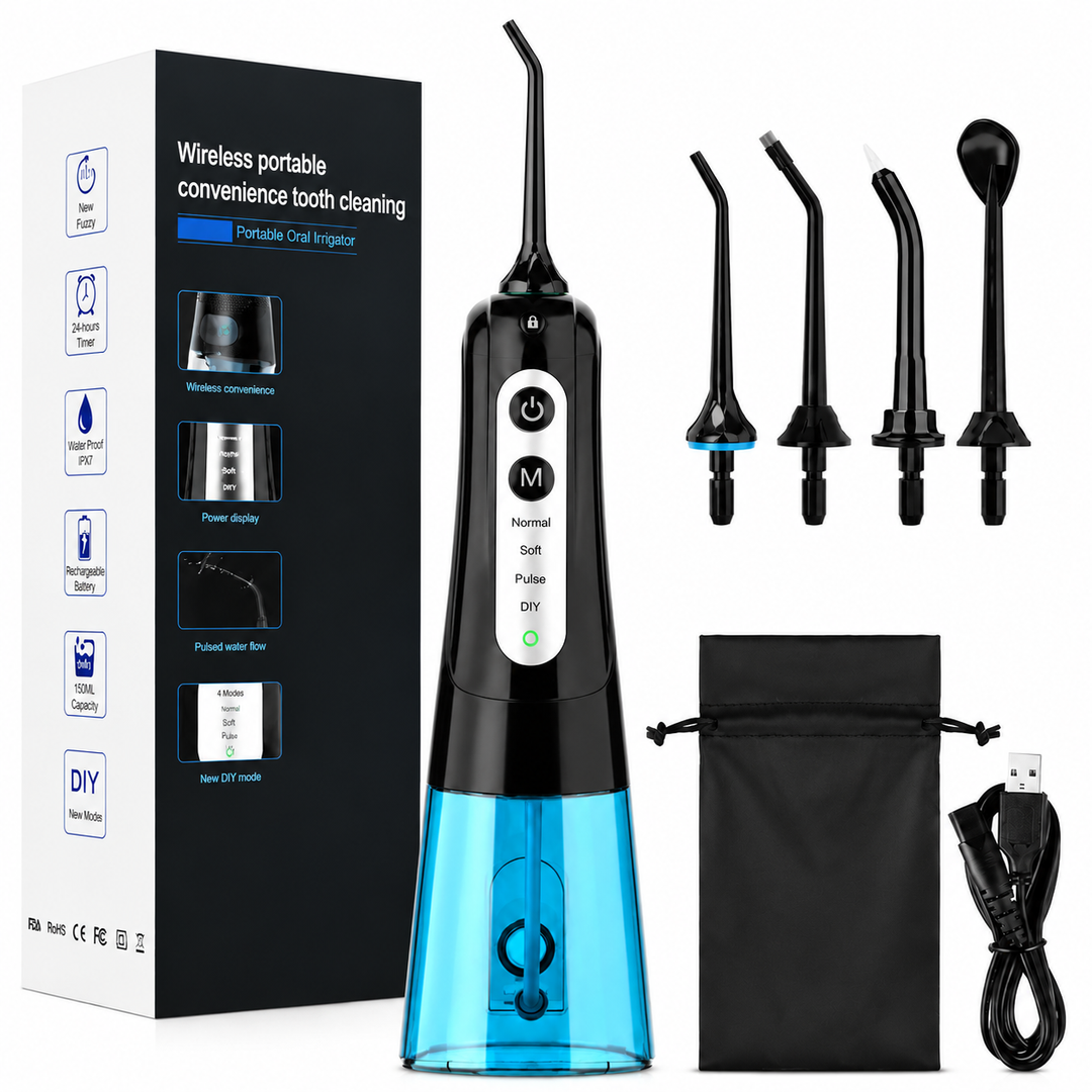 Premium Portable Oral Irrigator Rechargeable Dental Water Flosser 300ml Tank IPX7 Waterproof Multiple Nozzles Cordless Oral Care Cleaning Device