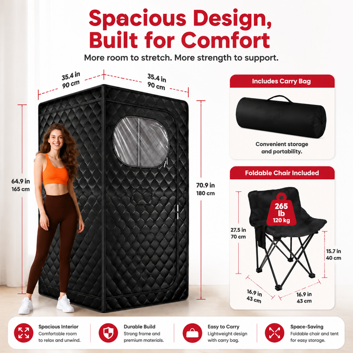 Premium Portable Steam Sauna Tent Full Size Home Sauna 3L 1300W Steam Generator 9 Heat Levels Timer Folding Chair Deep Detox Spa Relaxation System