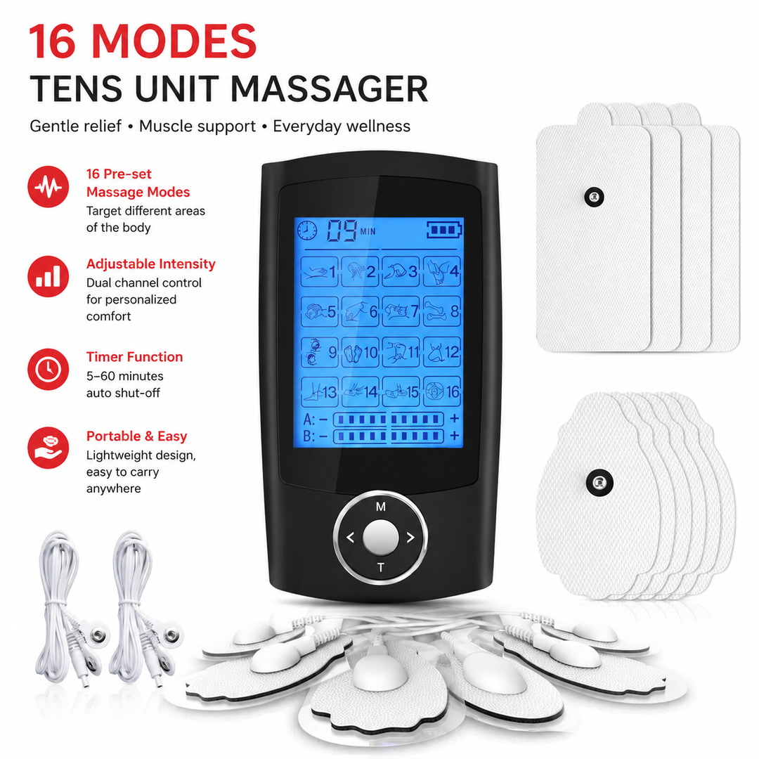 Premium Portable TENS EMS Pain Relief Massager Dual Channel Muscle Stimulator 16 Modes 10 Intensity Levels Rechargeable Back Neck Shoulder Therapy Device