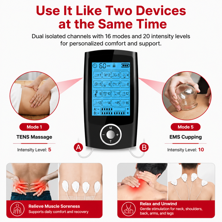 Premium Portable TENS EMS Pain Relief Massager Dual Channel Muscle Stimulator 16 Modes 10 Intensity Levels Rechargeable Back Neck Shoulder Therapy Device