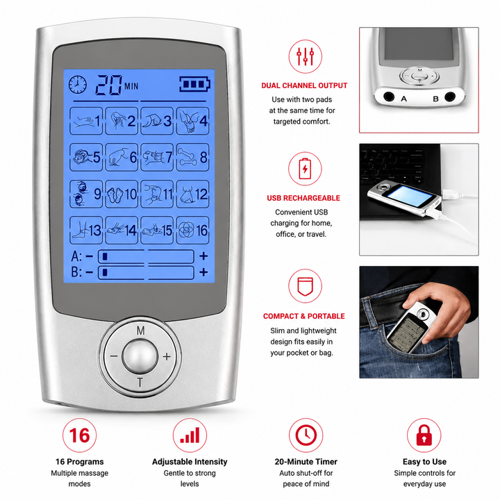 Premium Portable TENS EMS Pain Relief Massager Dual Channel Muscle Stimulator 16 Modes 10 Intensity Levels Rechargeable Back Neck Shoulder Therapy Device