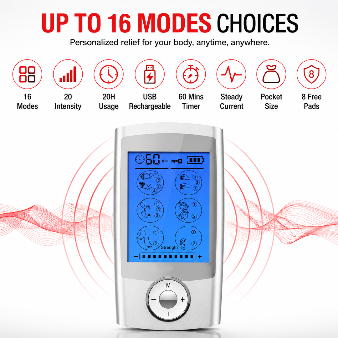 Premium Portable TENS EMS Pain Relief Massager Dual Channel Muscle Stimulator 16 Modes 10 Intensity Levels Rechargeable Back Neck Shoulder Therapy Device