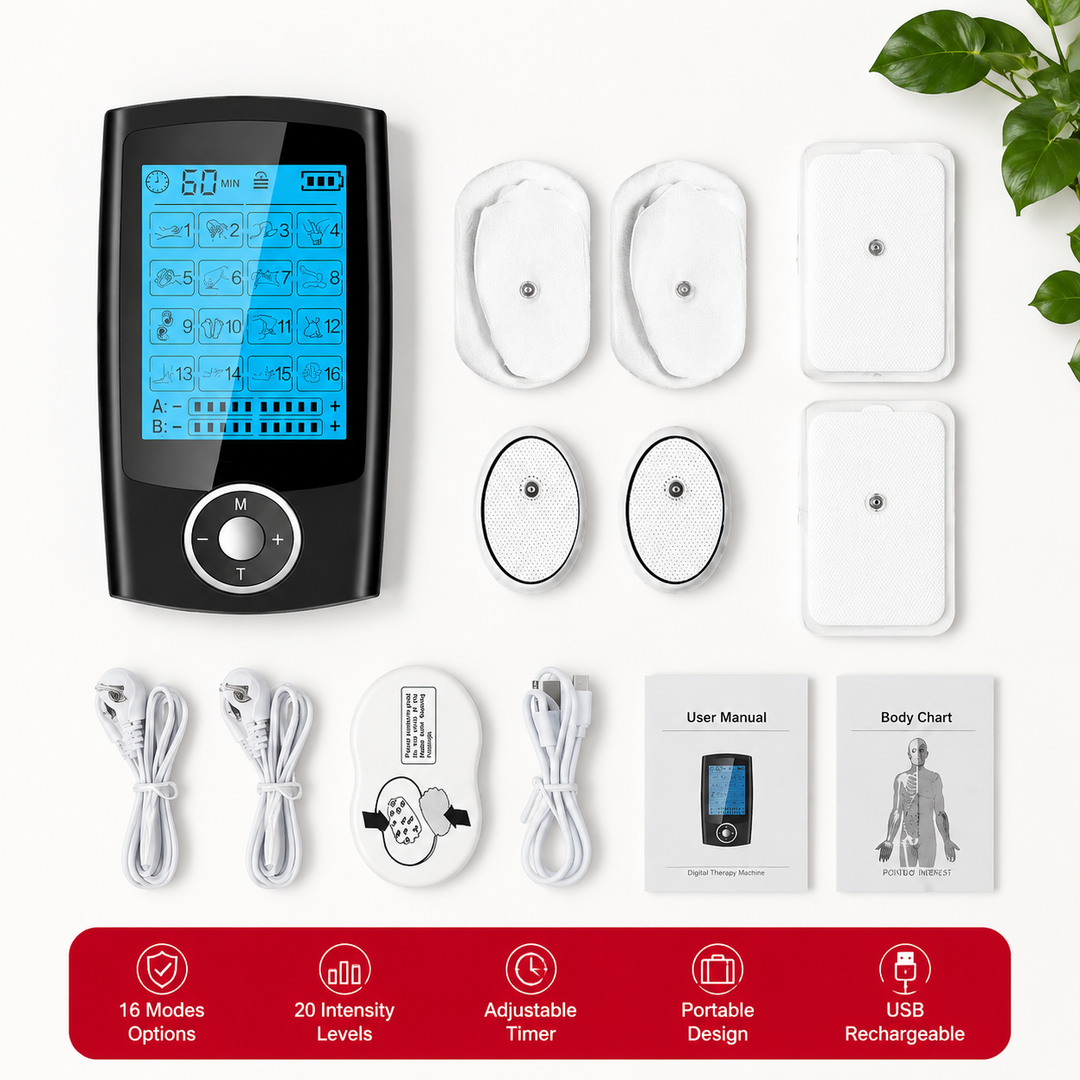 Premium Portable TENS EMS Pain Relief Massager Dual Channel Muscle Stimulator 16 Modes 10 Intensity Levels Rechargeable Back Neck Shoulder Therapy Device
