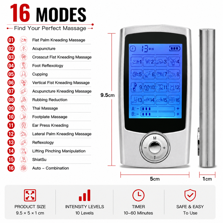Premium Portable TENS EMS Pain Relief Massager Dual Channel Muscle Stimulator 16 Modes 10 Intensity Levels Rechargeable Back Neck Shoulder Therapy Device