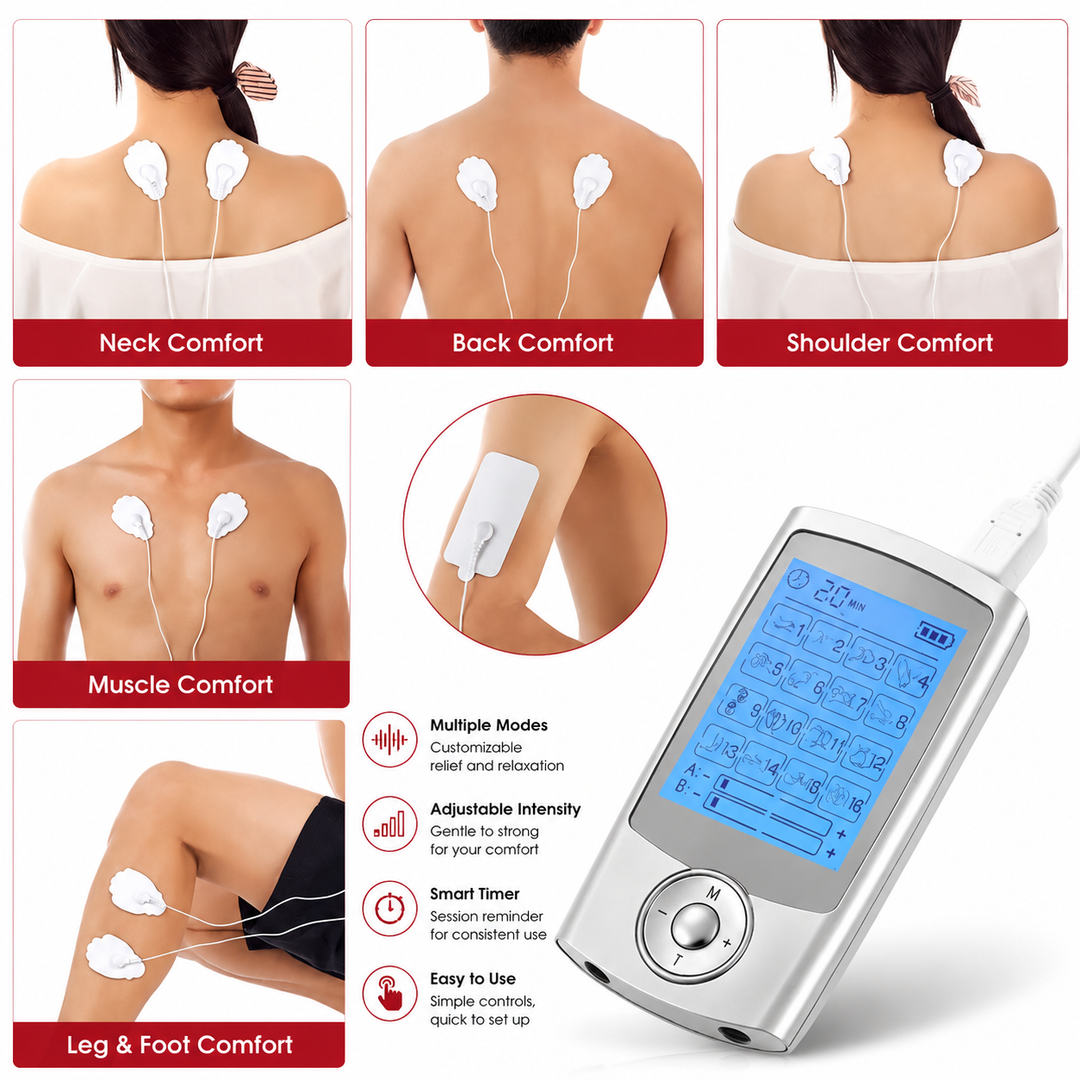 Premium Portable TENS EMS Pain Relief Massager Dual Channel Muscle Stimulator 16 Modes 10 Intensity Levels Rechargeable Back Neck Shoulder Therapy Device