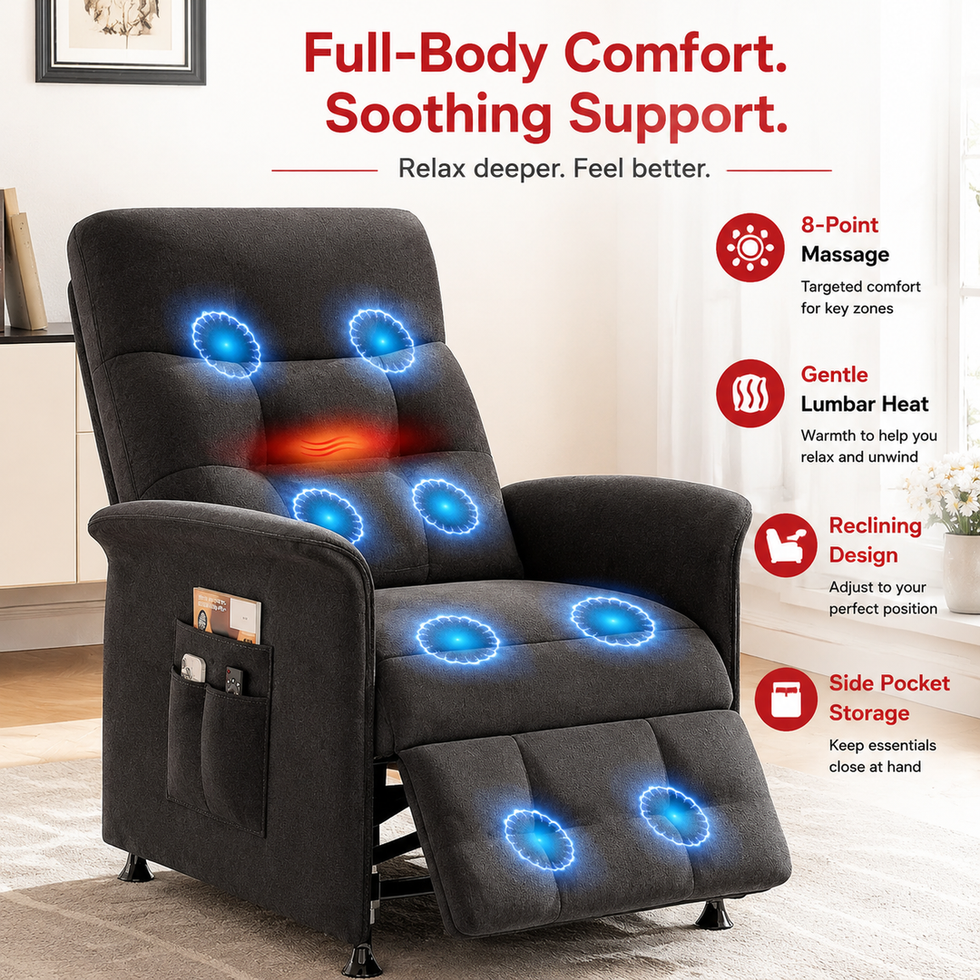 Premium Power Recliner Chair with Massage and Heat Electric Reclining Chair 8 Vibration Nodes Footrest Side Pockets Remote Control Home Living Sofa Adjustable