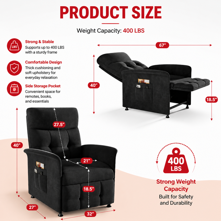 Premium Power Recliner Chair with Massage and Heat Electric Reclining Chair 8 Vibration Nodes Footrest Side Pockets Remote Control Home Living Sofa Adjustable