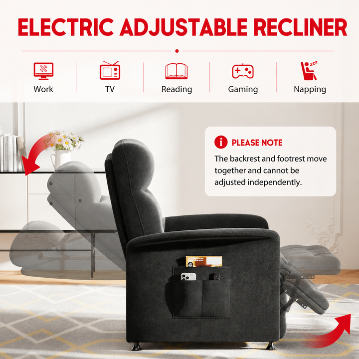 Premium Power Recliner Chair with Massage and Heat Electric Reclining Chair 8 Vibration Nodes Footrest Side Pockets Remote Control Home Living Sofa Adjustable