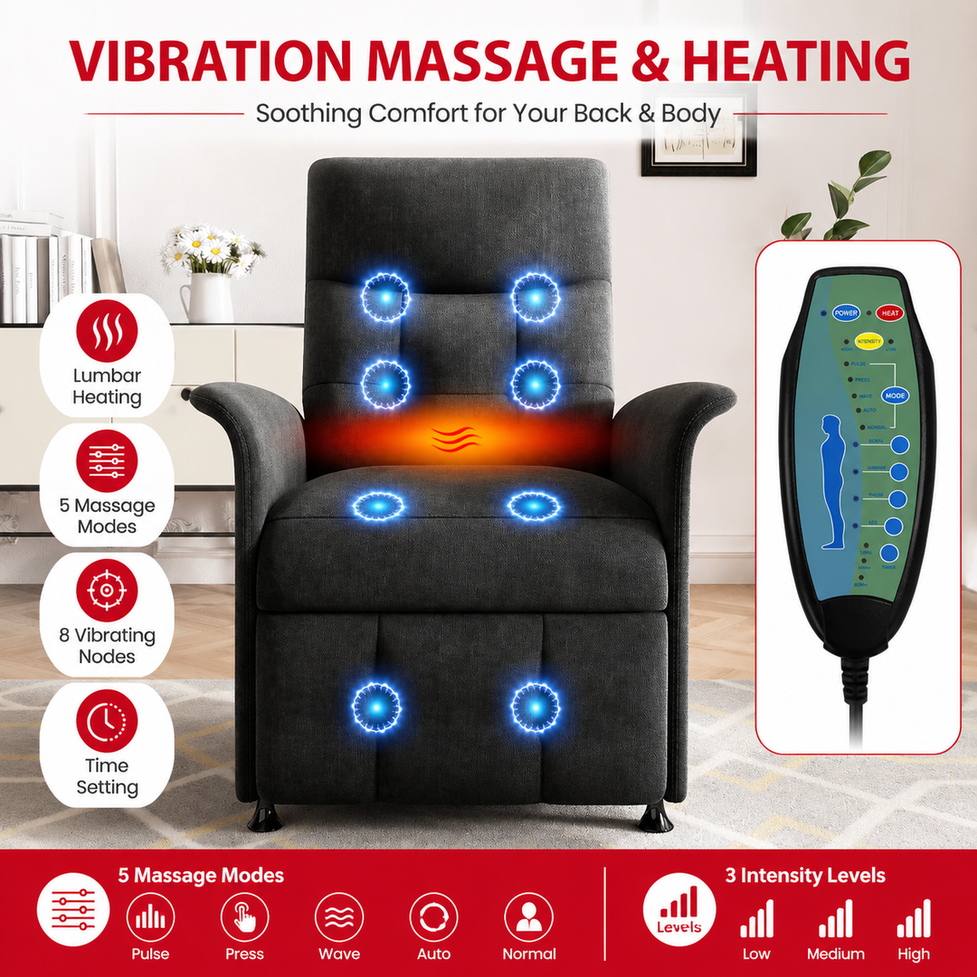 Premium Power Recliner Chair with Massage and Heat Electric Reclining Chair 8 Vibration Nodes Footrest Side Pockets Remote Control Home Living Sofa Adjustable