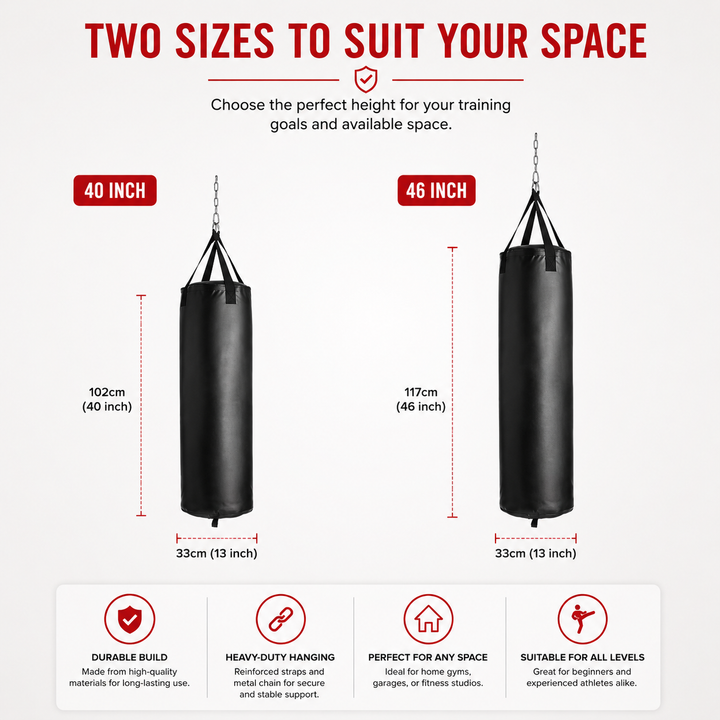 Premium Professional Boxing Sandbag Heavy Punching Bag 40/46in Empty Training Bag Synthetic Leather Hanging Kick Bag Gym Fitness Kickboxing Taekwondo Kit Hook Carabiner Handwraps