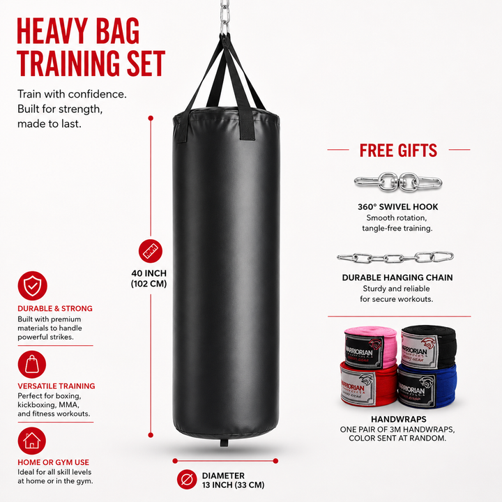 Premium Professional Boxing Sandbag Heavy Punching Bag 40/46in Empty Training Bag Synthetic Leather Hanging Kick Bag Gym Fitness Kickboxing Taekwondo Kit Hook Carabiner Handwraps