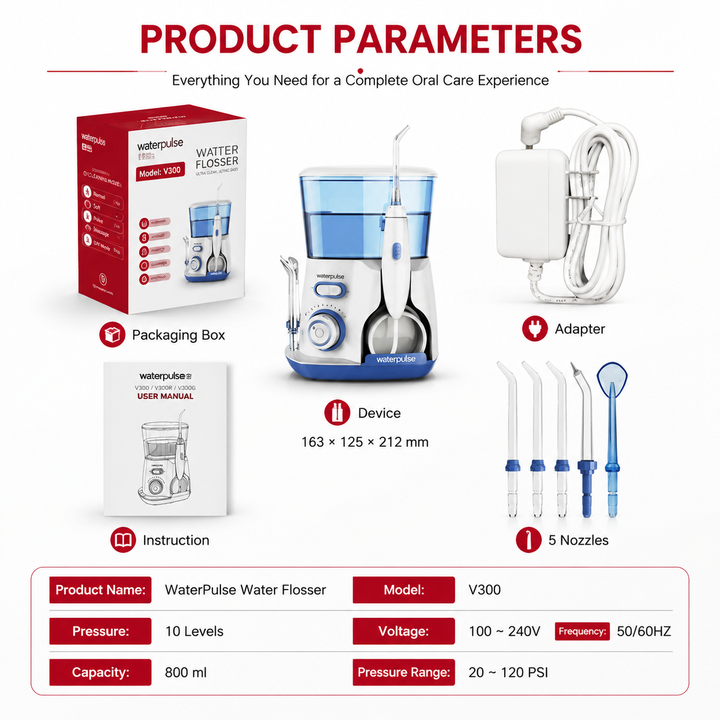 Premium Professional Oral Irrigator Water Flosser 1800 Pulses/min 800ml Tank 5 Tips Adjustable Pressure Electric Dental Cleaner Braces Implants Gum Care Home Use
