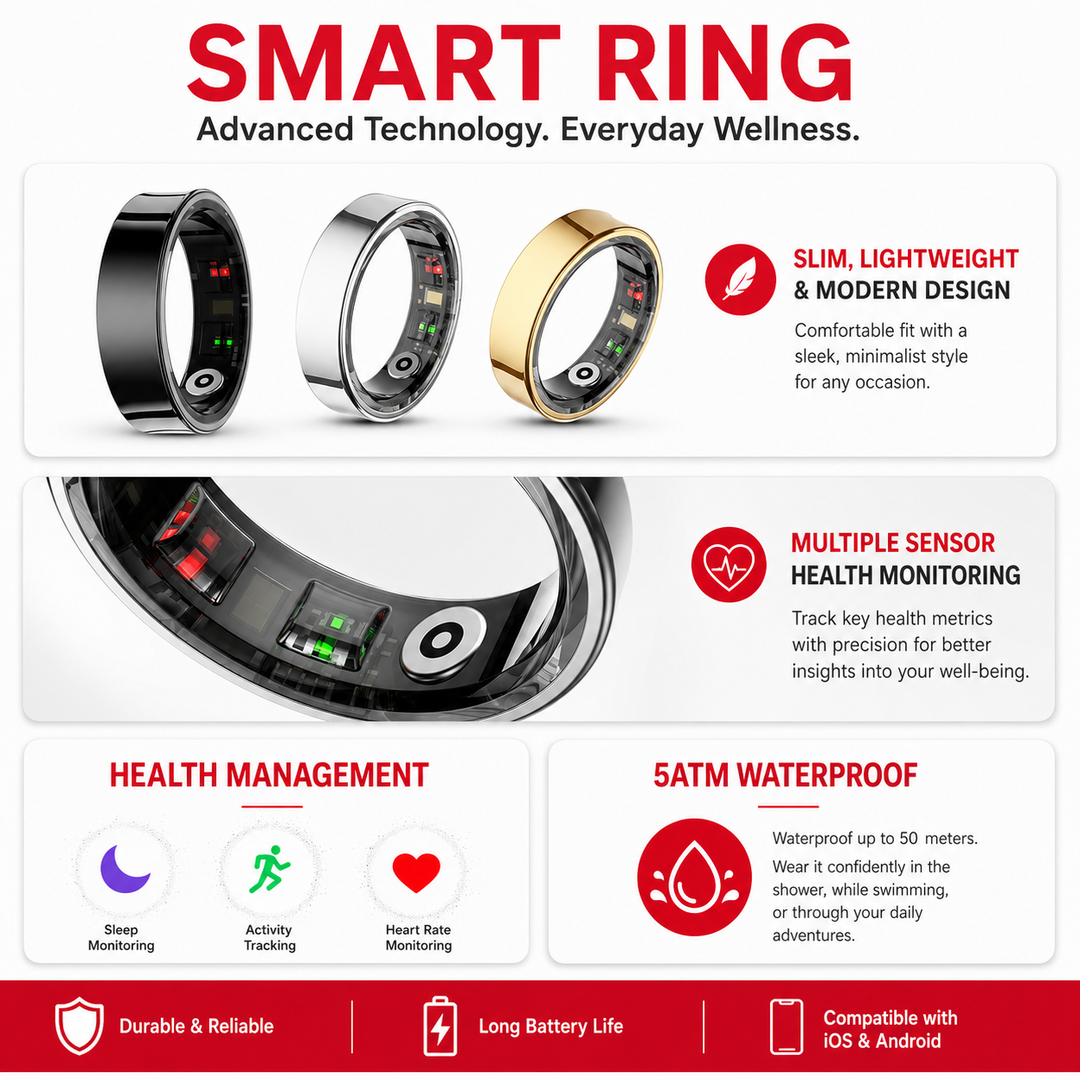 Premium R09 Smart Ring Health Tracker Heart Rate Blood Oxygen Sleep Stress Monitor Skin Temperature 5ATM Waterproof Charging Case Fitness Wearable