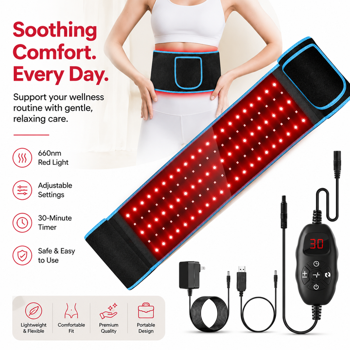 Premium Red Light Therapy Belt 660nm 850nm Infrared Waist Wrap with Heat Back Pain Relief Muscle Recovery Cordless Rechargeable LED Therapy Device