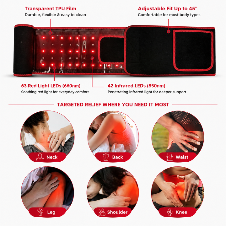 Premium Red Light Therapy Belt 660nm 850nm Infrared Waist Wrap with Heat Back Pain Relief Muscle Recovery Cordless Rechargeable LED Therapy Device