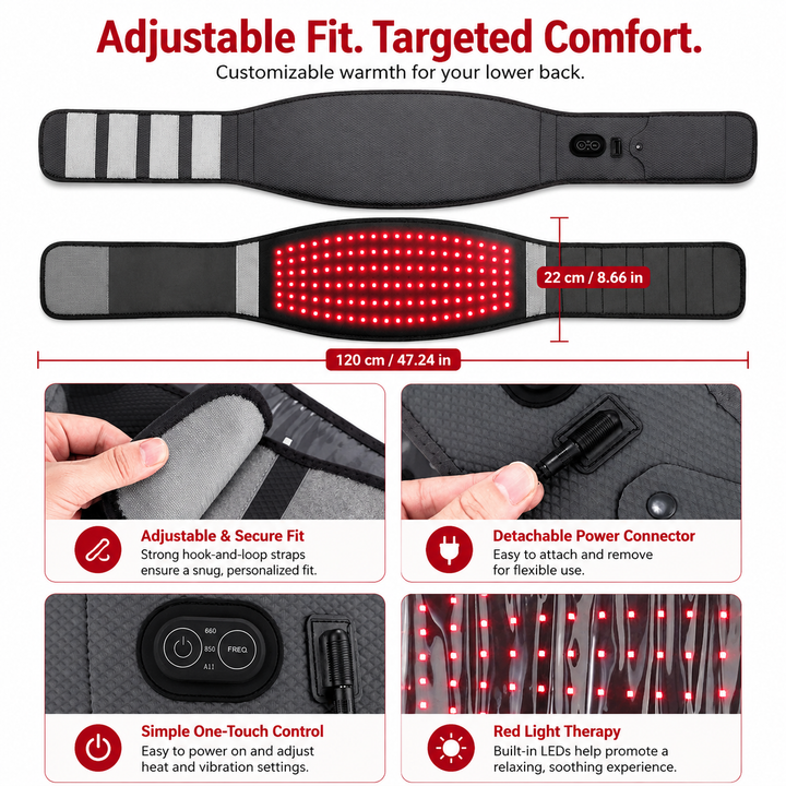 Premium Red Light Therapy Belt 660nm 850nm Near Infrared Waist Wrap for Lower Back Lumbar Pain Relief Muscle Recovery Cordless Wearable Device
