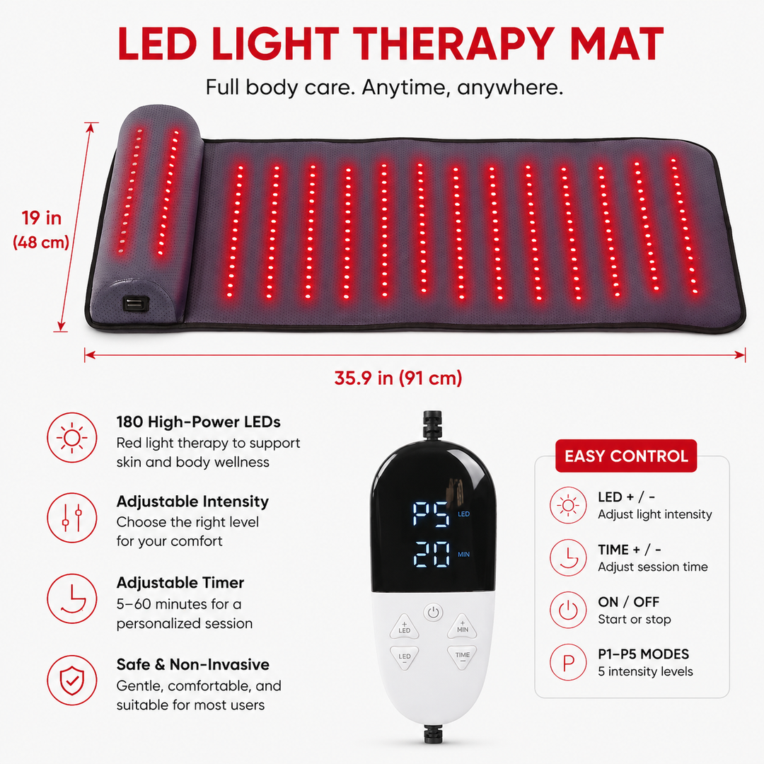 Premium Red Light Therapy Mat Neck Support 660nm 850nm Infrared LED Full Body Pad 675 LEDs Home Spa Relaxation Heat Therapy Adjustable Timer