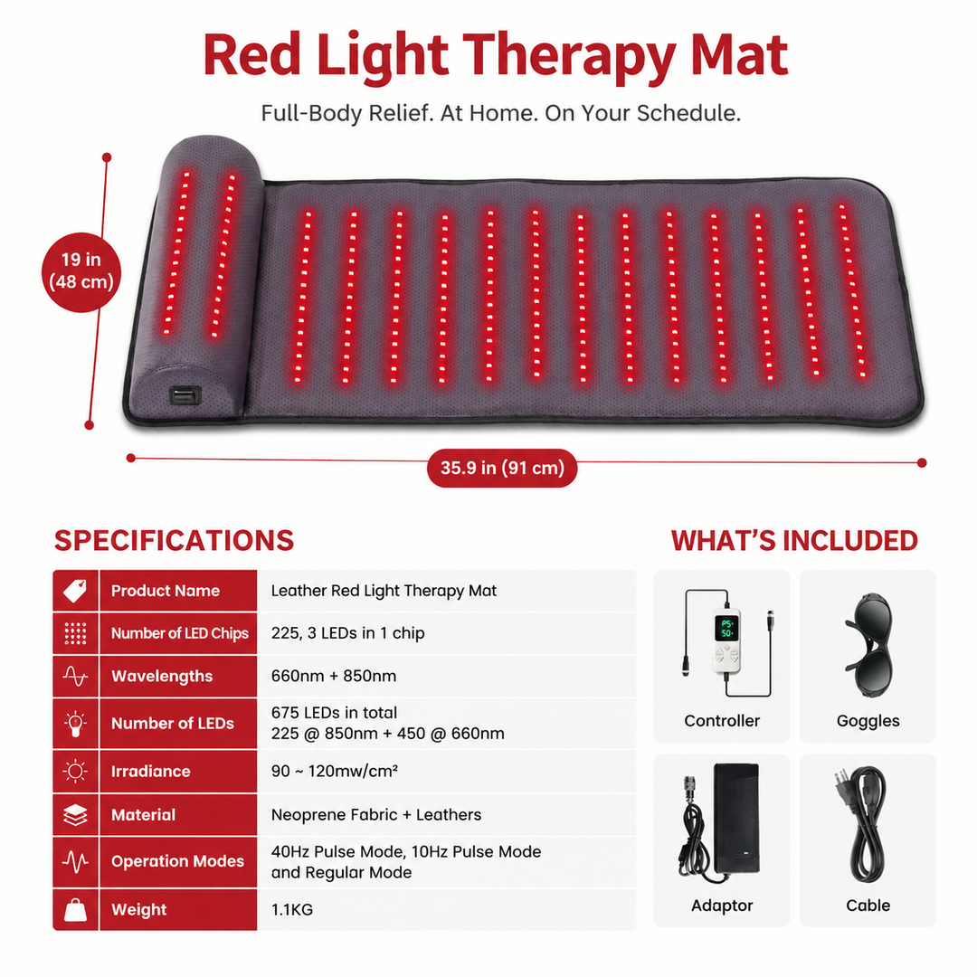 Premium Red Light Therapy Mat Neck Support 660nm 850nm Infrared LED Full Body Pad 675 LEDs Home Spa Relaxation Heat Therapy Adjustable Timer