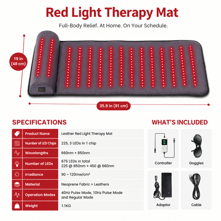 Premium Red Light Therapy Mat Neck Support 660nm 850nm Infrared LED Full Body Pad 675 LEDs Home Spa Relaxation Heat Therapy Adjustable Timer