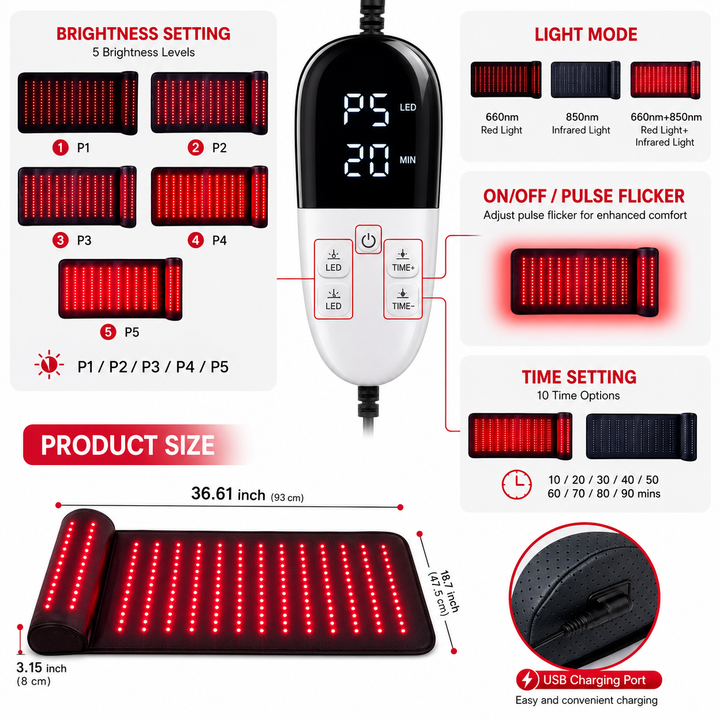 Premium Red Light Therapy Mat Neck Support 660nm 850nm Infrared LED Full Body Pad 675 LEDs Home Spa Relaxation Heat Therapy Adjustable Timer