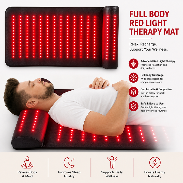 Premium Red Light Therapy Mat Neck Support 660nm 850nm Infrared LED Full Body Pad 675 LEDs Home Spa Relaxation Heat Therapy Adjustable Timer