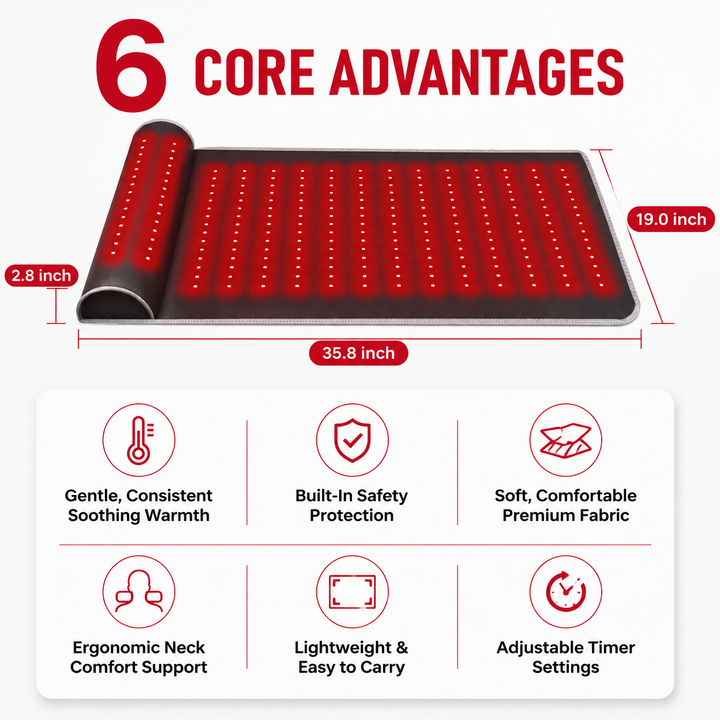 Premium Red Light Therapy Mat with Neck Support 660nm 850nm Infrared Heat Pad for Neck Back Body Pain Relief Muscle Recovery Home Wellness Device