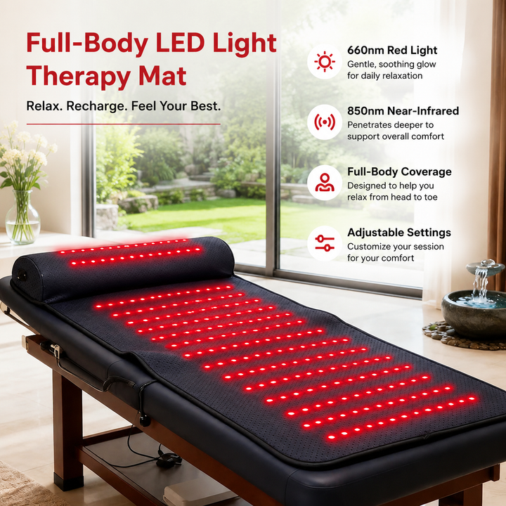 Premium Red Light Therapy Mat with Neck Support 660nm 850nm Infrared Heat Pad for Neck Back Body Pain Relief Muscle Recovery Home Wellness Device