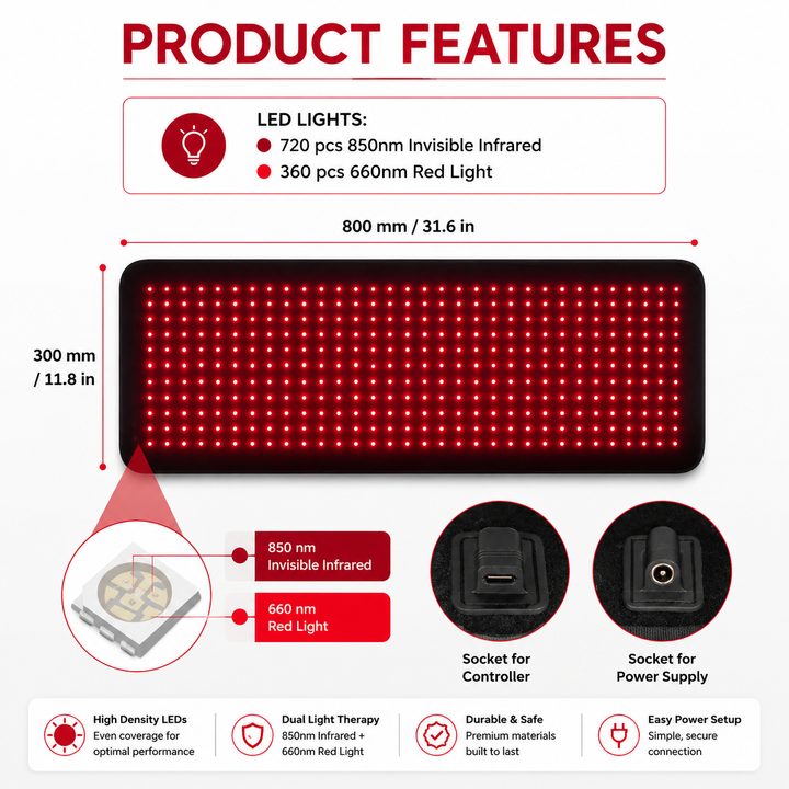 Premium Red Light Therapy Pad 660nm 850nm Infrared LED Lumbar Belt for Back Waist Knee Support Large Coverage Electric Light Therapy Device Adjustable