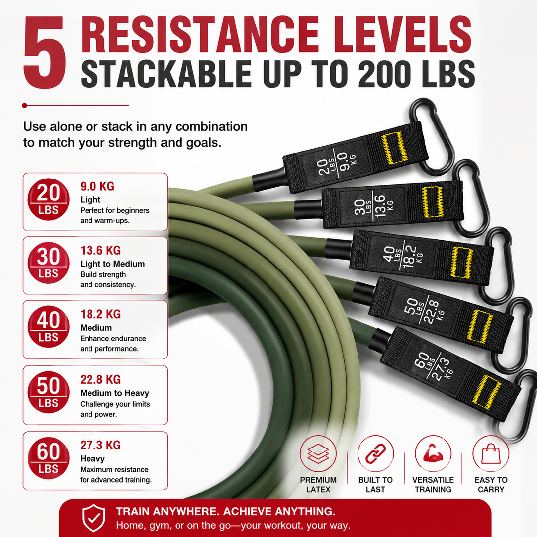 Premium Resistance Band Set 5 Tube Bands 10 to 60lbs Adjustable Fitness Bands with Handles Ankle Straps Door Anchor for Home Gym Full Body Workout