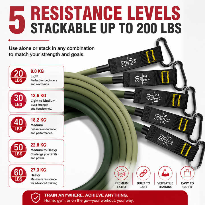 Premium Resistance Band Set 5 Tube Bands 10 to 60lbs Adjustable Fitness Bands with Handles Ankle Straps Door Anchor for Home Gym Full Body Workout
