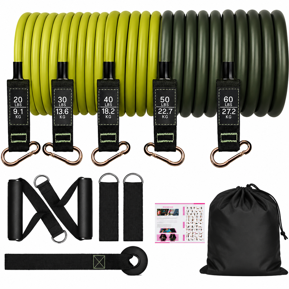 Premium Resistance Band Set 5 Tube Bands 10 to 60lbs Adjustable Fitness Bands with Handles Ankle Straps Door Anchor for Home Gym Full Body Workout