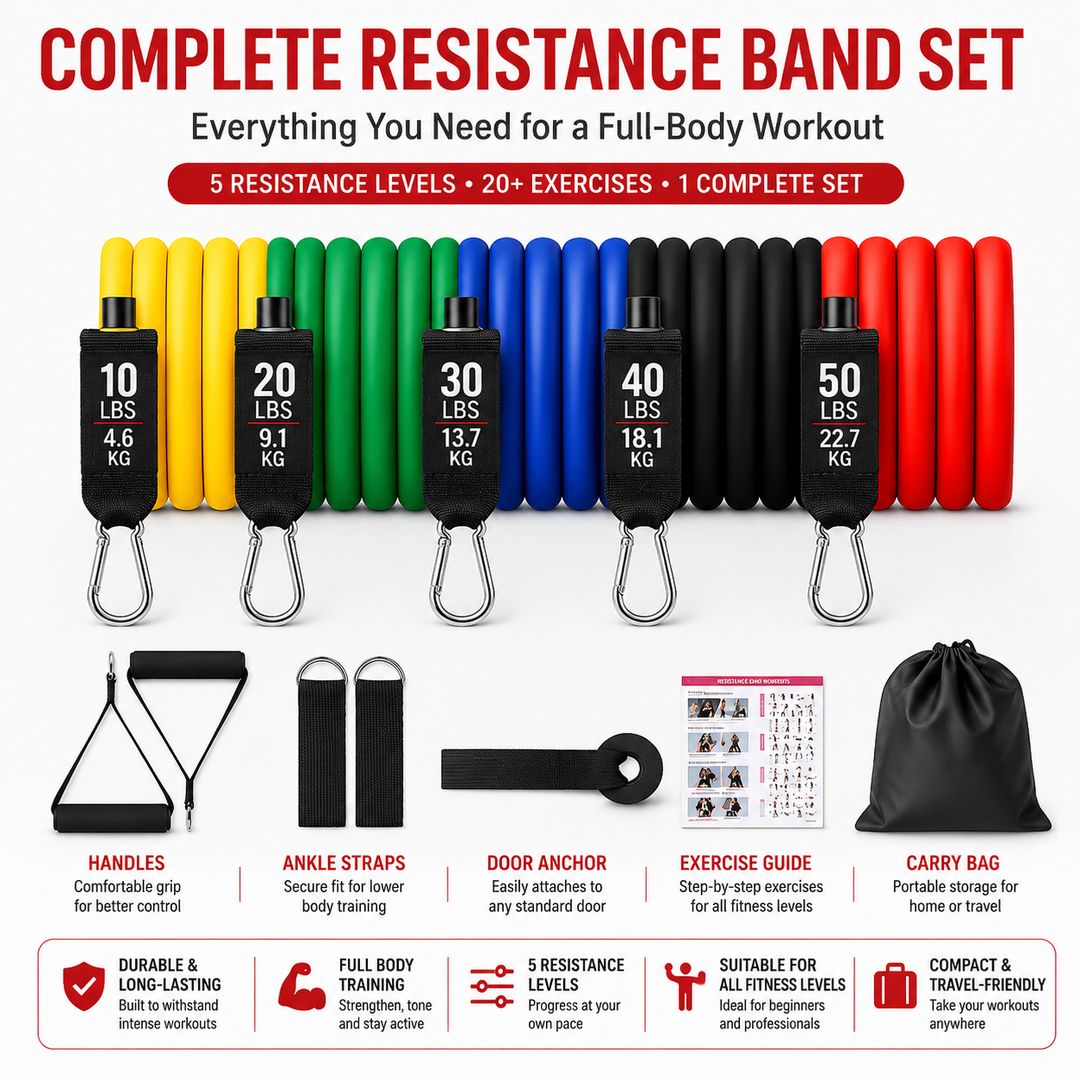 Premium Resistance Band Set 5 Tube Bands 10 to 60lbs Adjustable Fitness Bands with Handles Ankle Straps Door Anchor for Home Gym Full Body Workout