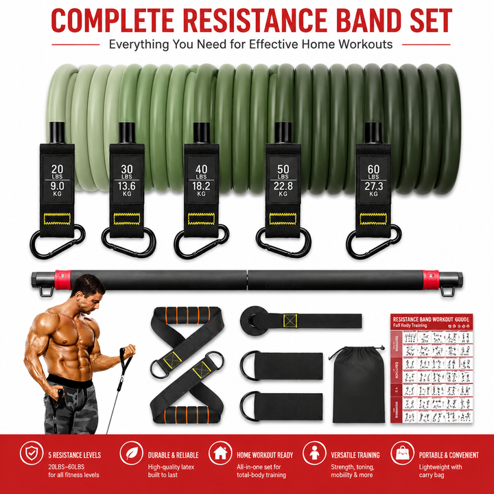 Premium Resistance Band Set 5 Tube Fitness Bands Up to 150 lbs Full Body Workout Handles Ankle Straps Door Anchor Strength Training Home Gym Exercise Kit